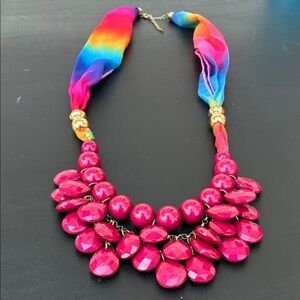 Vibrant Pink Statement Necklace with Rainbow Scarf Accent